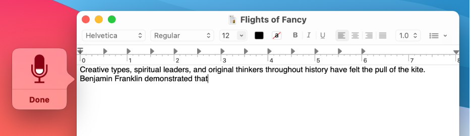 Apple's macOS User Guide screenshot of Dictation in use: a TextEdit window titled Flights of Fancy with two sentences of dictated text, and the floating Dictation feedback window at the left showing a red microphone glyph and a Done button