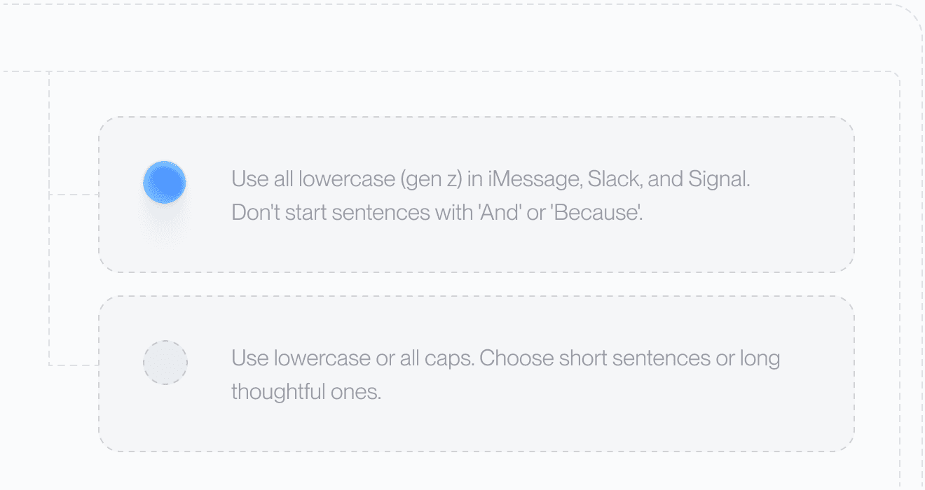 An illustration from Aqua Voice showing two writing style rule cards, one reading Use all lowercase in iMessage, Slack, and Signal and do not start sentences with And or Because, the other reading Use lowercase or all caps and choose short sentences or long thoughtful ones
