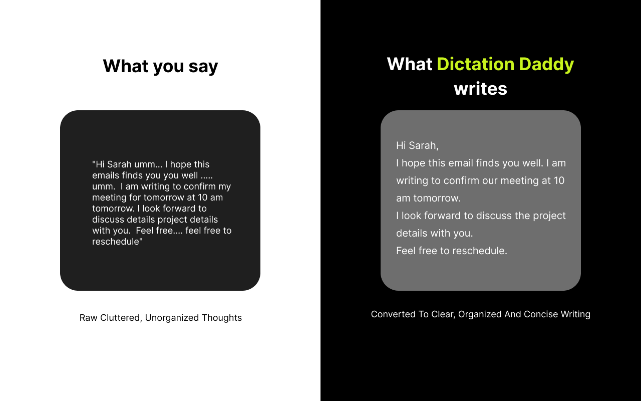 Dictation Daddy's before and after comparison: on the left a raw rambling dictation full of ums and repeated words, on the right the same message rewritten as a clean four-line email