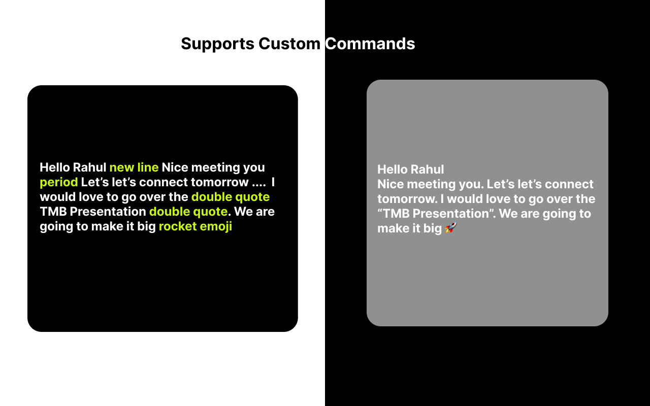 Dictation Daddy's custom commands screen: spoken input on the left with the commands new line, period, double quote and rocket emoji highlighted in lime, and the resulting formatted text on the right with real line breaks, punctuation and a rocket emoji