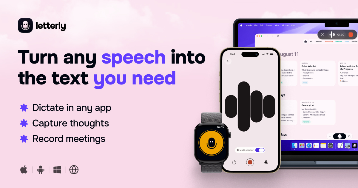 Letterly's pink share card with the headline Turn any speech into the text you need, platform icons for Apple, Android, Windows and web, and iPhone, Apple Watch and Mac mockups