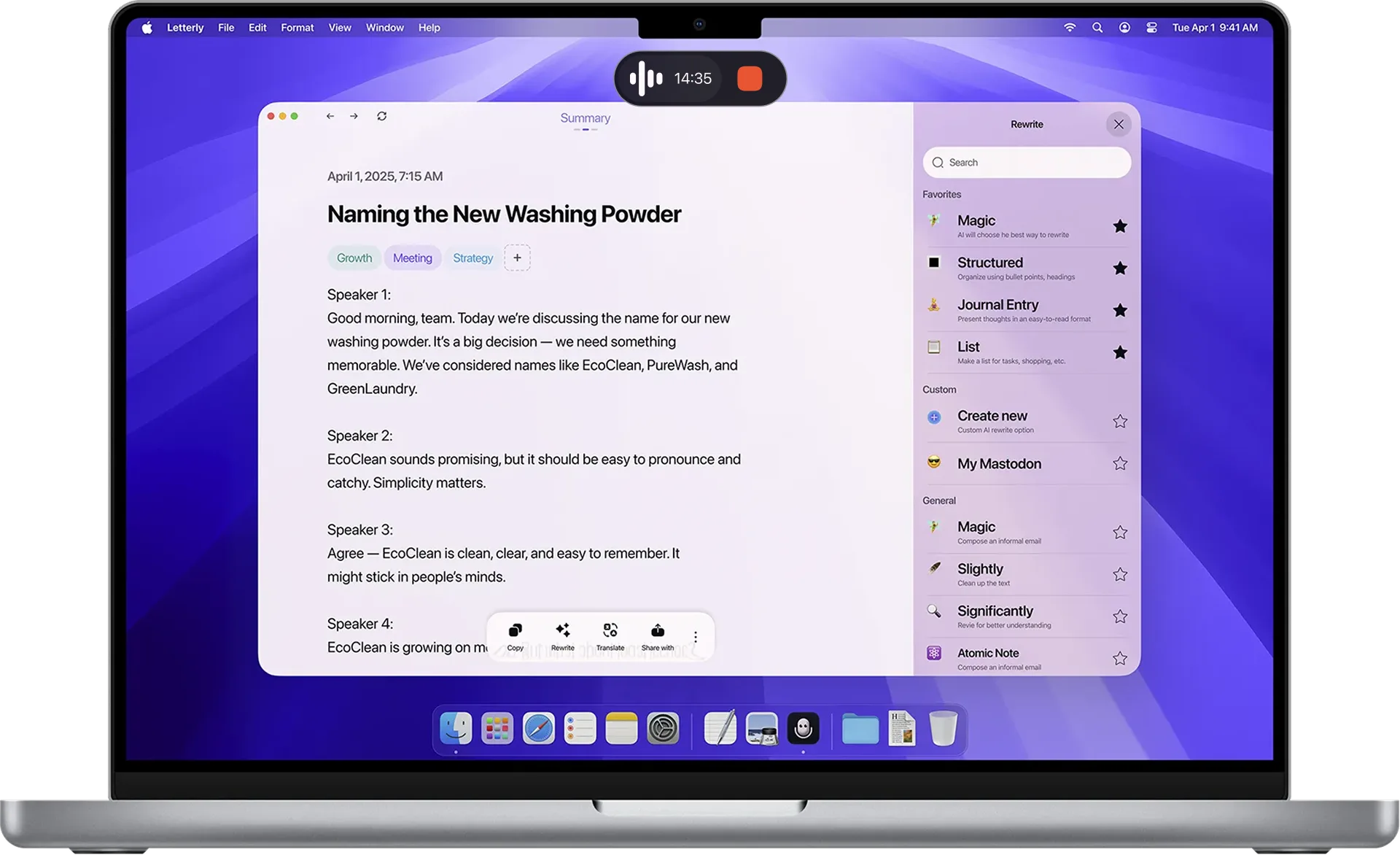 Letterly for Mac on a MacBook: a floating dark recording pill showing a waveform and a stop button, a note window with a speaker-labelled transcript and topic tags, and a right-hand Rewrite panel listing preset styles