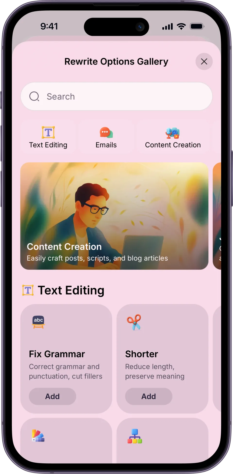 Letterly's Rewrite Options Gallery on iPhone, showing category tiles for Text Editing, Emails and Content Creation above preset cards for Fix Grammar and Shorter, each with an Add button