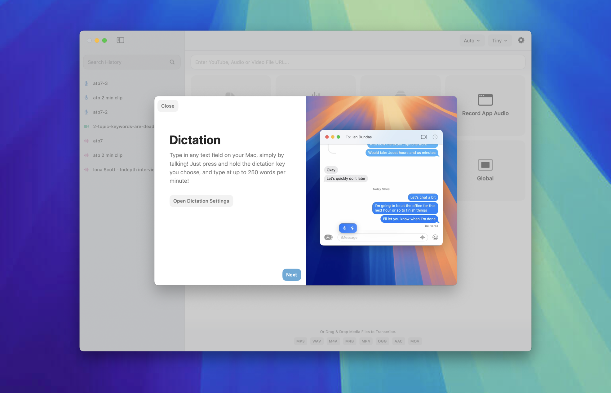 A MacWhisper onboarding sheet titled Dictation, explaining that you can type in any text field by holding a dictation key, next to a preview of a Messages window being filled by voice