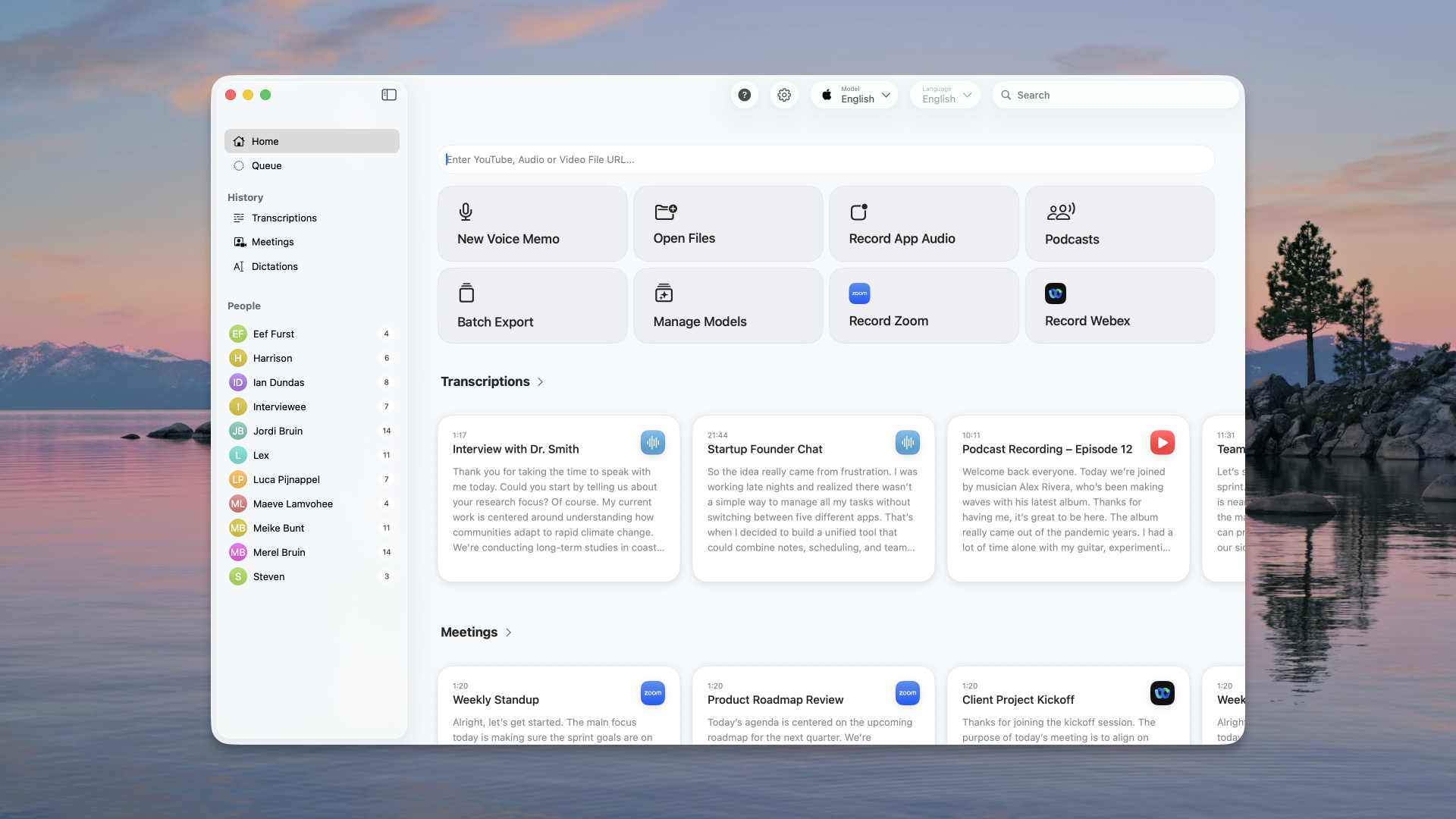 The MacWhisper home window showing tiles for New Voice Memo, Open Files, Record App Audio, Podcasts, Batch Export, Manage Models, Record Zoom and Record Webex, above lists of past transcriptions and meetings