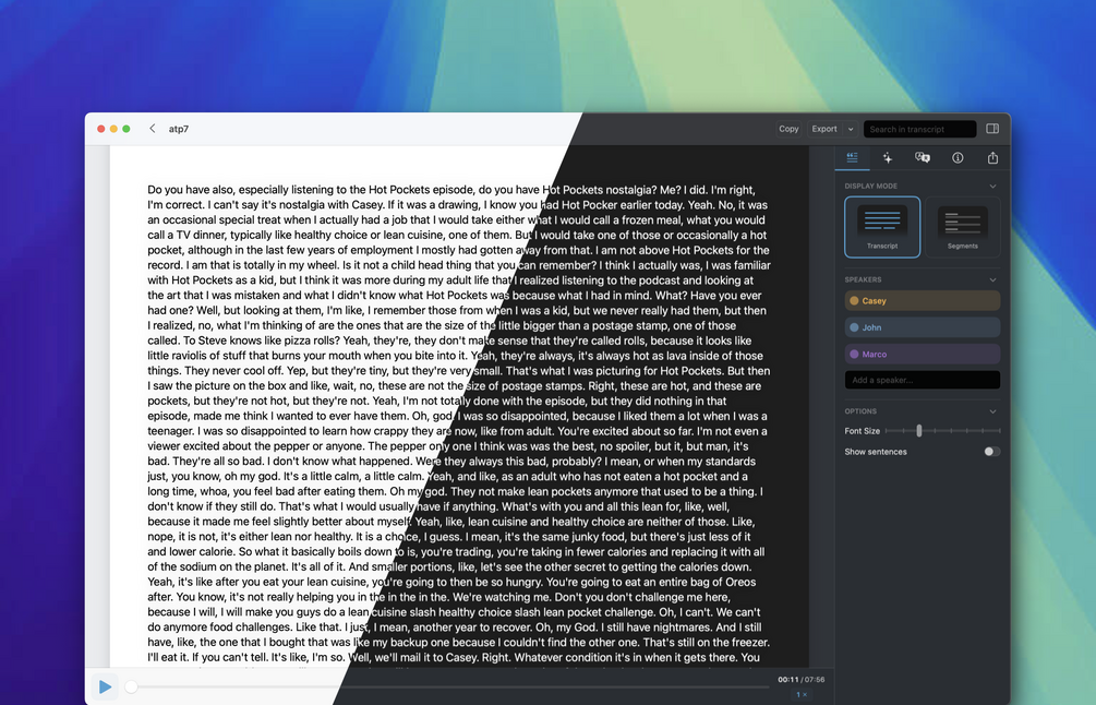 The MacWhisper transcript editor with a long transcript on the left, playback controls at the bottom, and a right-hand panel listing speakers Casey, John and Marco with a display mode toggle