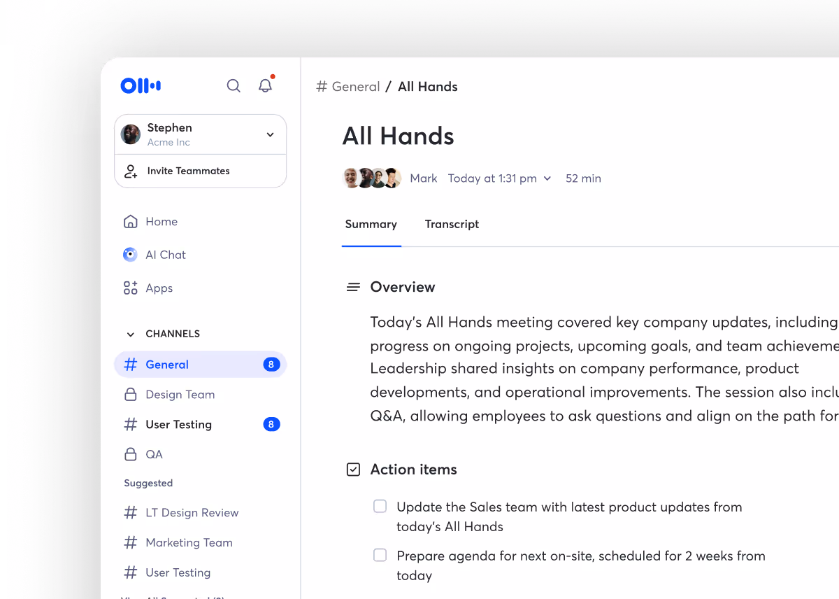 The Otter.ai web app showing an All Hands meeting summary with an overview paragraph and an action items checklist, beside a sidebar of channels