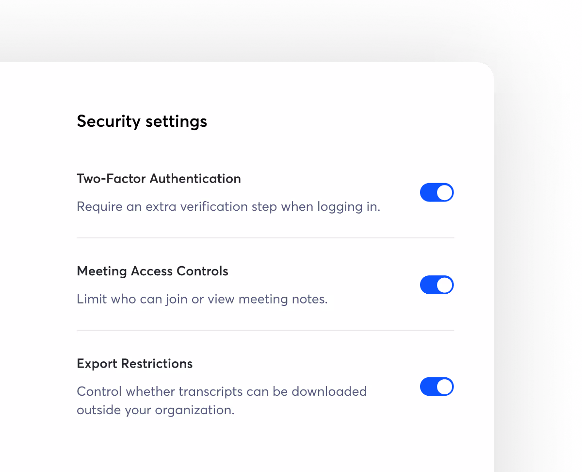 An Otter.ai security settings panel with toggles for Two-Factor Authentication, Meeting Access Controls and Export Restrictions