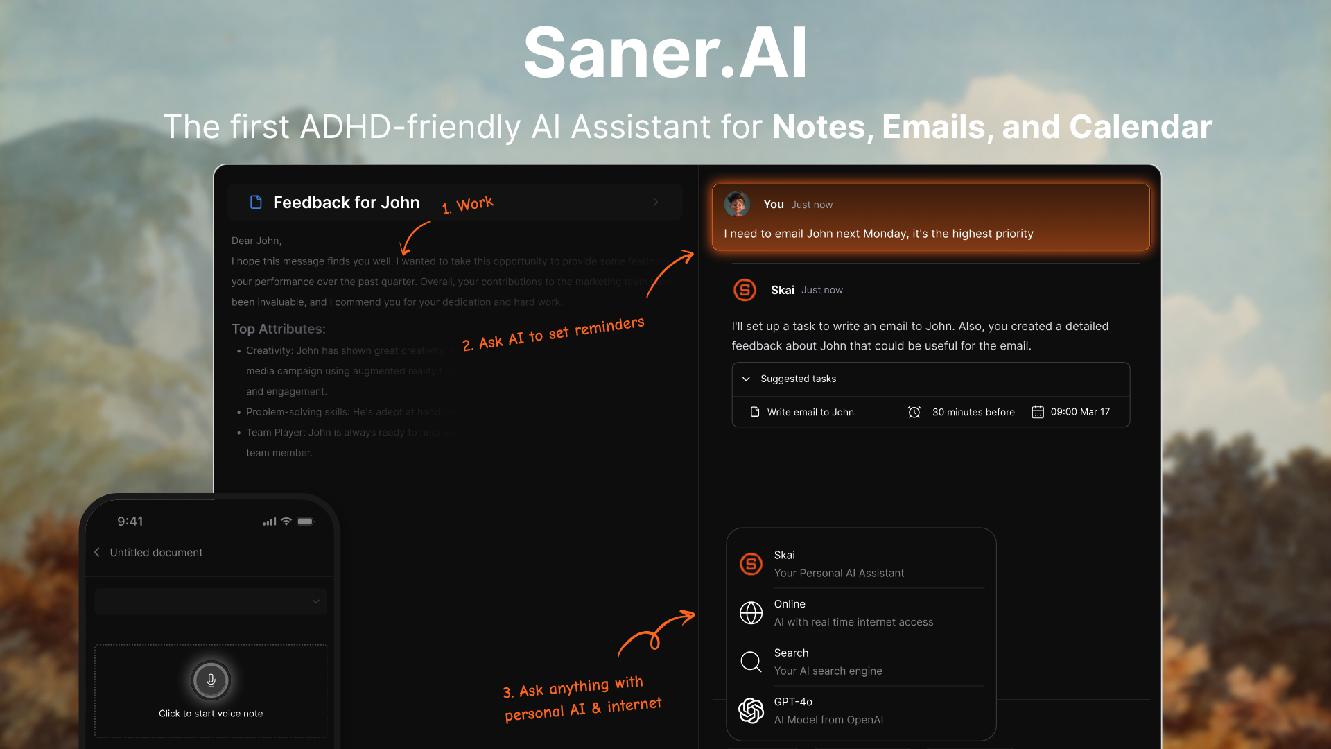 Saner.AI's share image: the tagline about an ADHD-friendly AI assistant for notes, emails and calendar, above a dark product composite showing a note pane, a chat where the Skai assistant proposes a task with a reminder time, and a phone mockup with a Click to start voice note microphone button