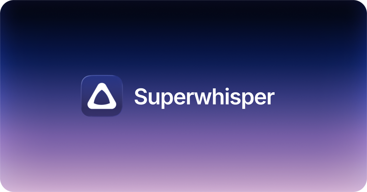 The superwhisper logo and wordmark on a dark blue and lilac gradient