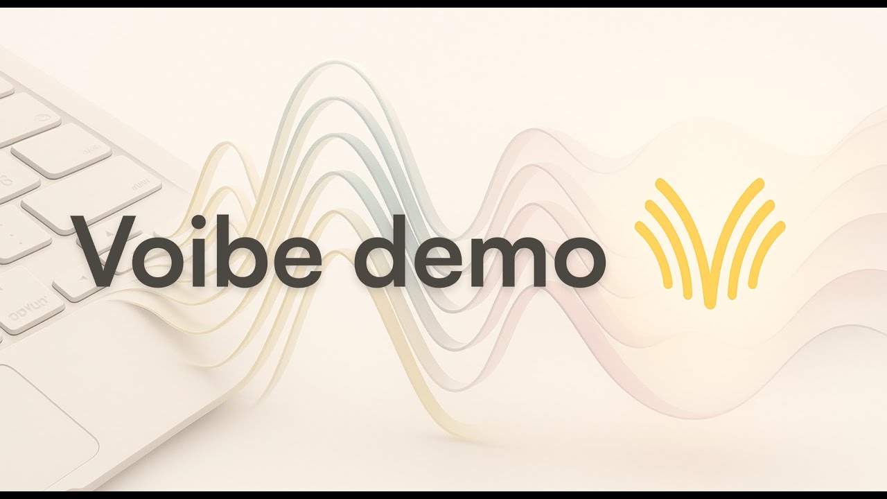 Title card of the demo video Voibe embeds on its own homepage: the words Voibe demo over a cream background with layered pastel waveform curves, a white laptop keyboard at the left edge and the yellow Voibe mark at the right