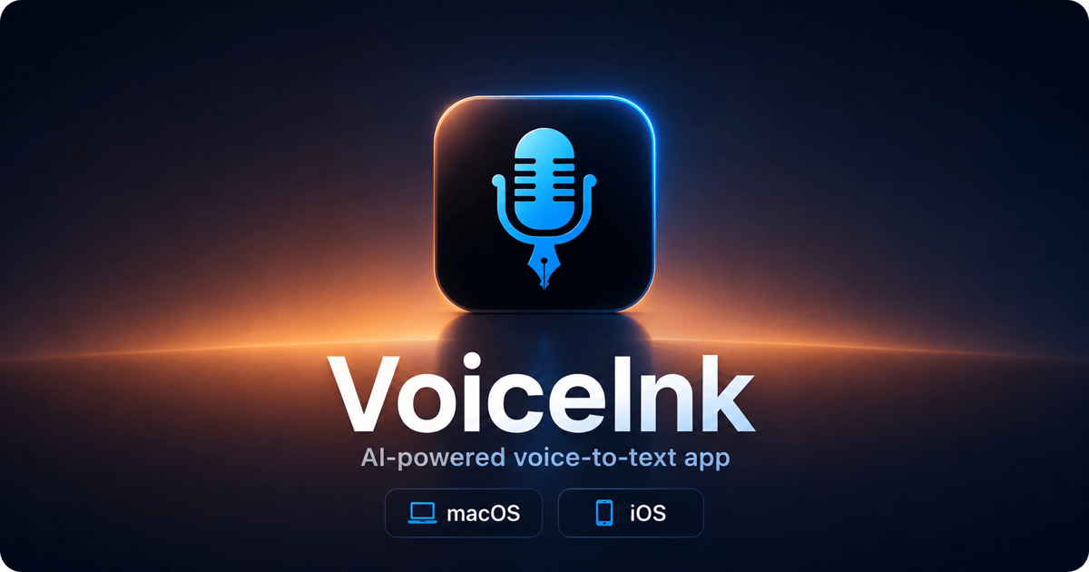 The VoiceInk app icon, a blue microphone whose stem ends in a fountain pen nib, above the VoiceInk wordmark, the line AI-powered voice-to-text app, and macOS and iOS badges on a dark background