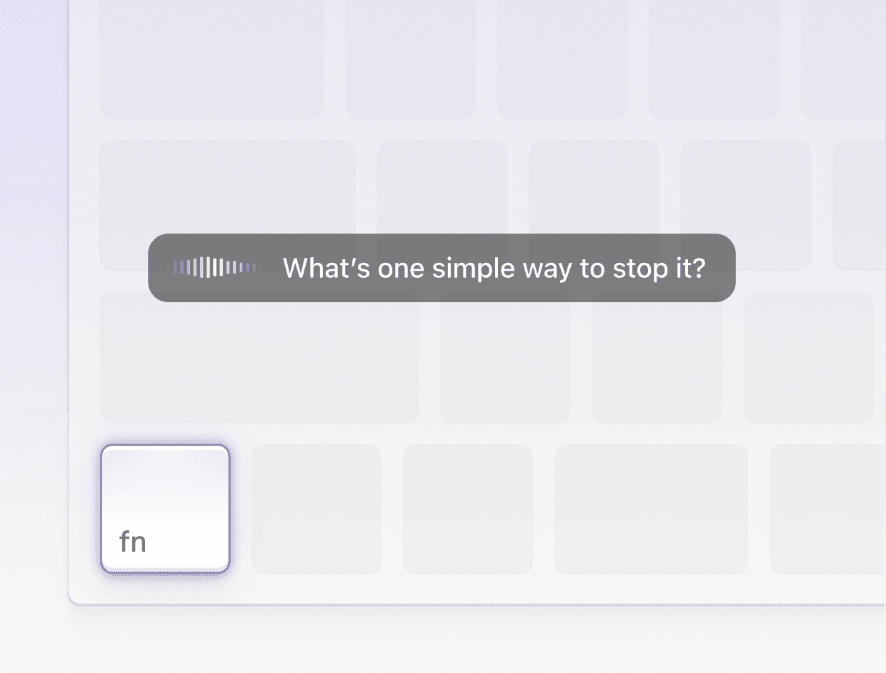 A marketing illustration from Willow showing a pale Mac keyboard with the fn key lit up and a dark floating pill above it displaying a waveform next to live transcribed text