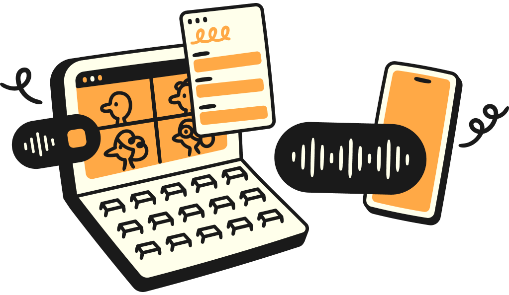 A Wispr Flow illustration in flat orange and black line art showing a laptop, a phone and two audio waveform pills